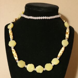 Carved Yellow Jade, Rose Quartz, & White/Brown Wood Or Better Beaded Necklace